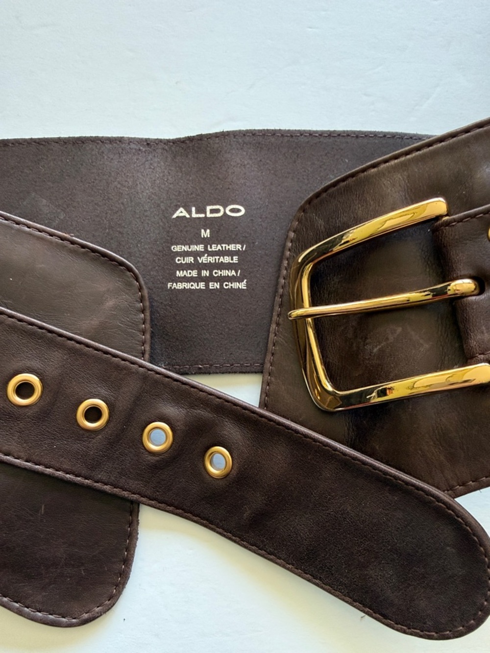 Aldo Chocolate Brown Leather Belt with Gold Buckle